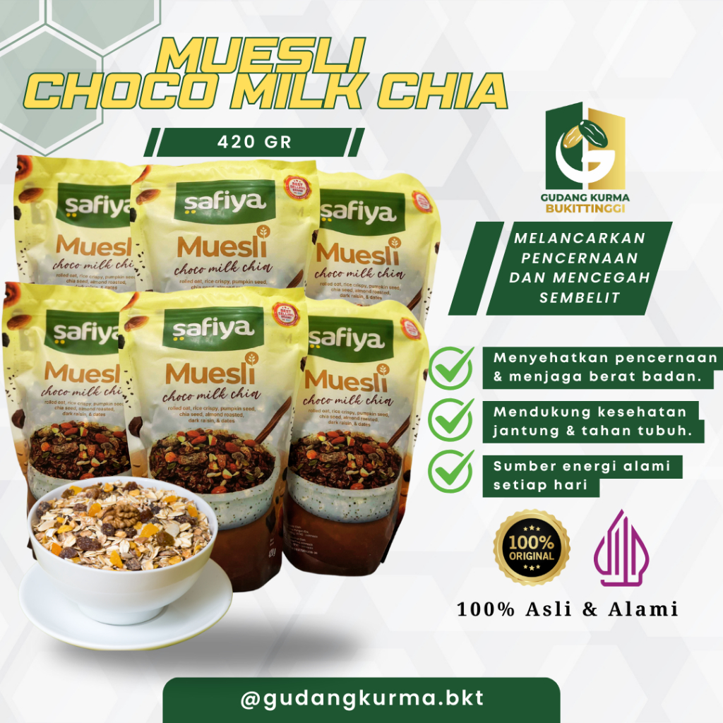 

Safiya Muesli Choco Milk Chia 420gr - Oatmeal Dried Fruit Almond Sereal Diet Sarapan Sehat Premium