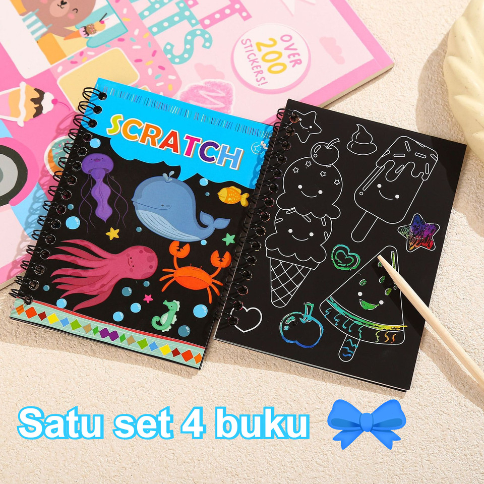 

4 pcs DIY Buku Gambar Anak Gores Mini Magic Scratch Note Kreatif / Mainan Edukasi Anak Scratch Note