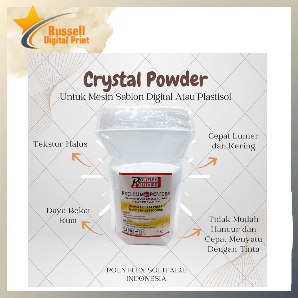 

Russel Premium Hotmelt Crystal Powder Untuk DTF 1kg Peruntukan Untuk Mesin Sablon Digital Atau Plastisol