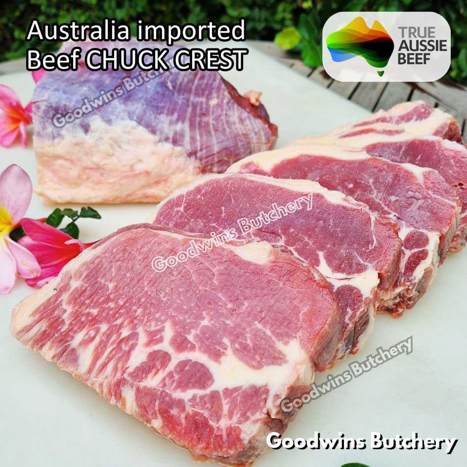 

Beef CHUCK CREST 1.2kg steak schnitzel cuts frozen Australia Kilcoy STEER (young cattle) & AMH