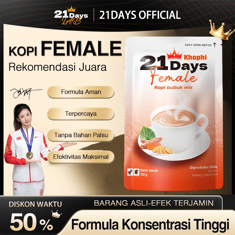 

21Days Coffee Female Coffee – Kunyit, Kacip Fatimah, Daun Sirih, Gula Aren – Rekomendasi Juara Olimpiade