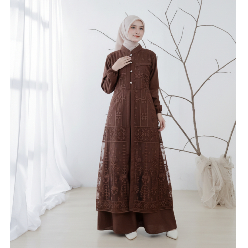 Gamis Brokat Elegan Pesta Muslimah Premium-Mahogany