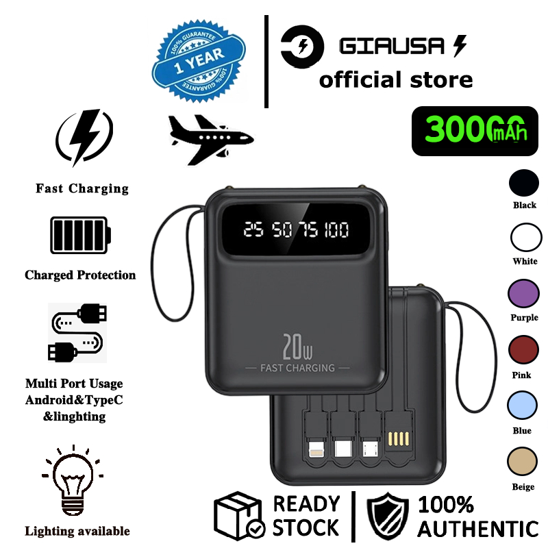 Mini PowerBank 30000mAh Dengan 4 Kabel Data Port Pengisian Cepat Tipe-C Lightning Micro portabel