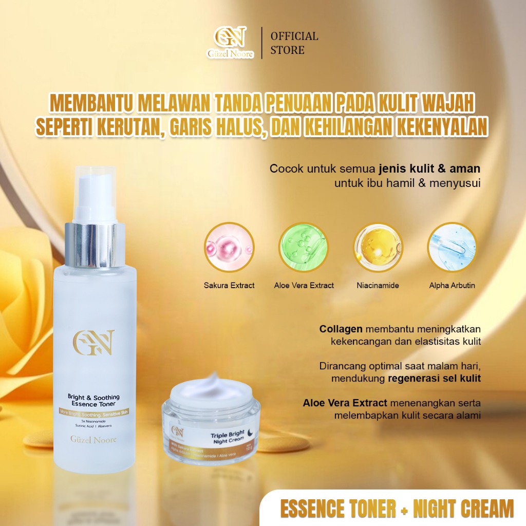 Guzel Noore Essence Toner + Night Cream - Melawan Tanda Penuaan Seperti Kerutan, Garis Halus, dan Ke