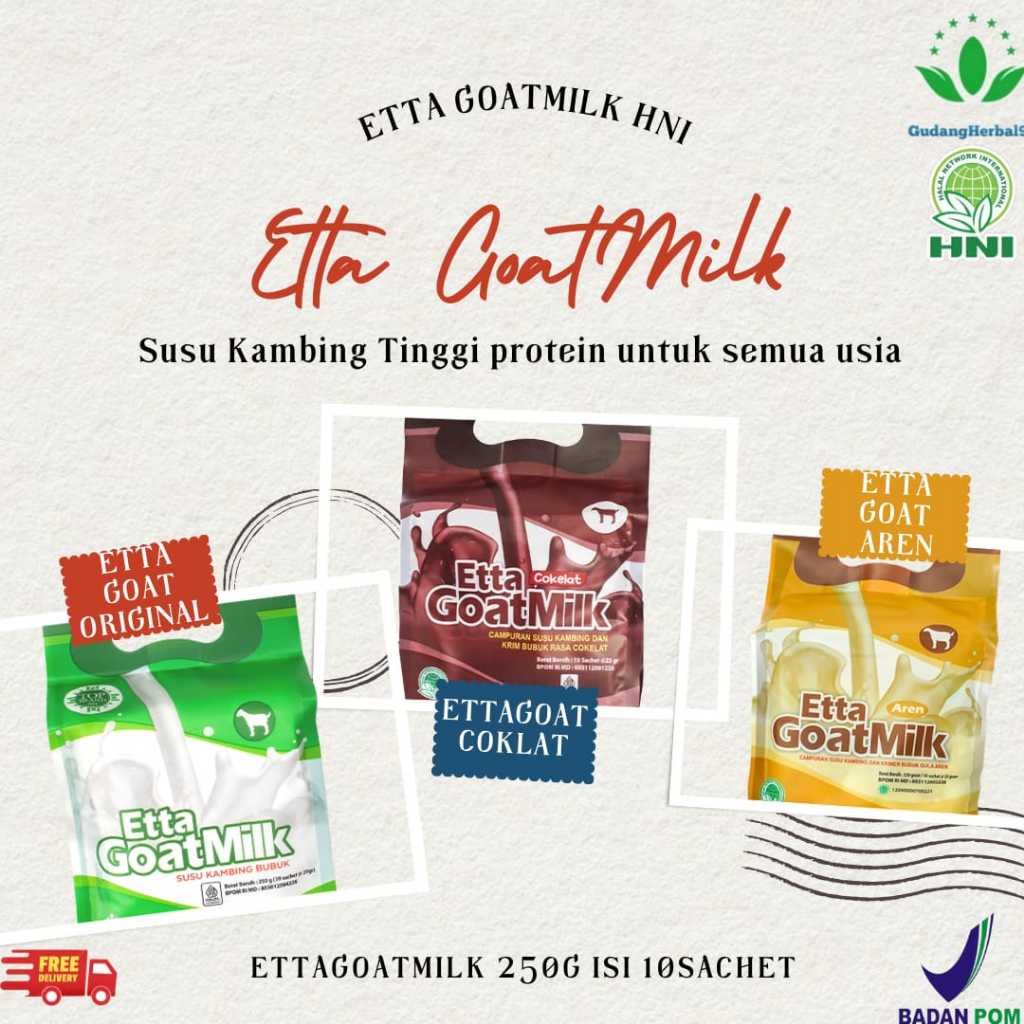 

Etta Goat Milk HNI Susu Kambing Bubuk Original - Aren - Cokelat Isi 10 sachet