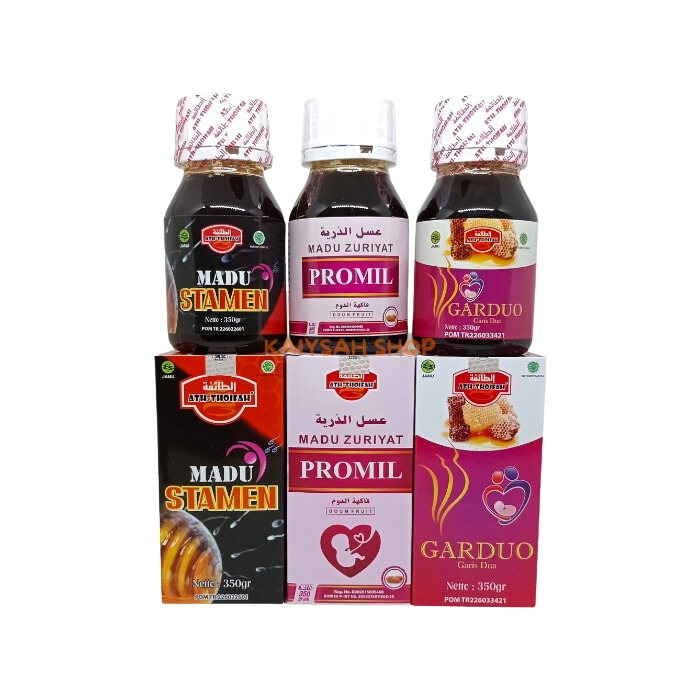 

Paket Lengkap 3 botol Promil Suami Istri Madu Zuriyat Promil Garduo Stamen 350g At-Thoifah