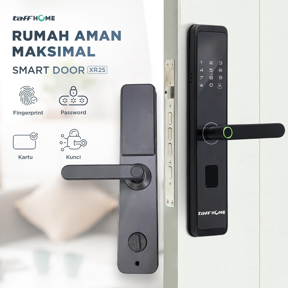 Smart Door Lock Fingerprint Password Card Alarm Aluminium USB Hitam XR25 TaffHOME