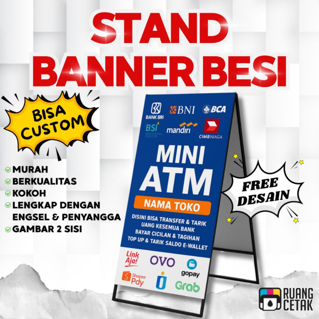 (bisa custom ukuran dan desain)STANDING BESI LIPAT 2 SISI BANNER TEBAL LENGKAP BANNER BRILINK PENGAI