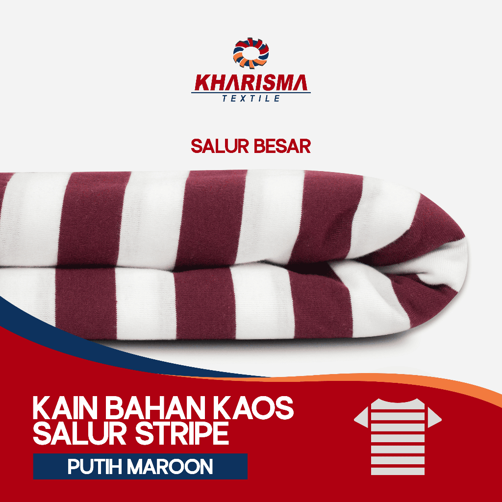 Kain Bahan Kaos Salur Besar 2cm Putih - Maroon CVC 30s Corak Motif Garis Stripe Lebar 2 cm x 2 cm Kh