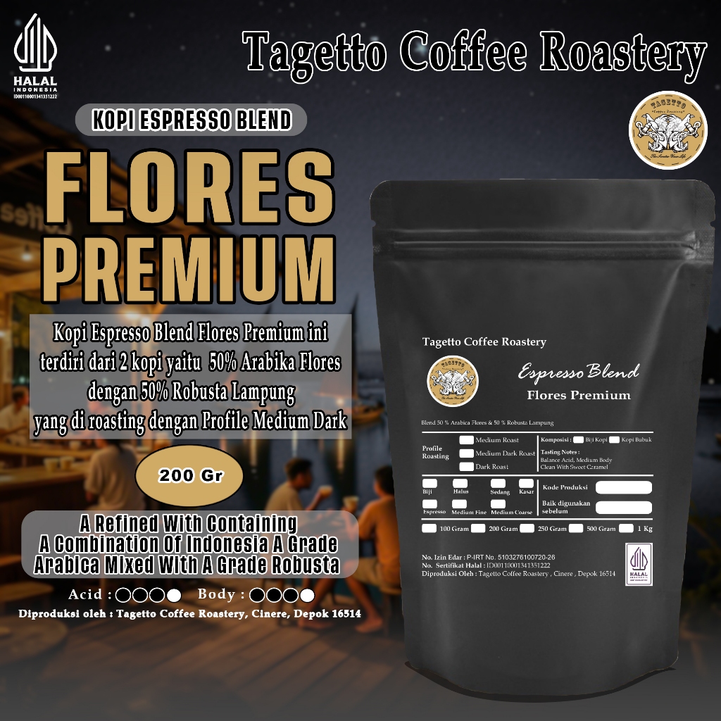 

KOPI ESPRESSO FLORES PREMIUM 200GR - 50% ARABICA 50% ROBUSTA | BEAN GROUND BIJI BUBUK 200 GRAM TAGETTO COFFEE ROASTERY