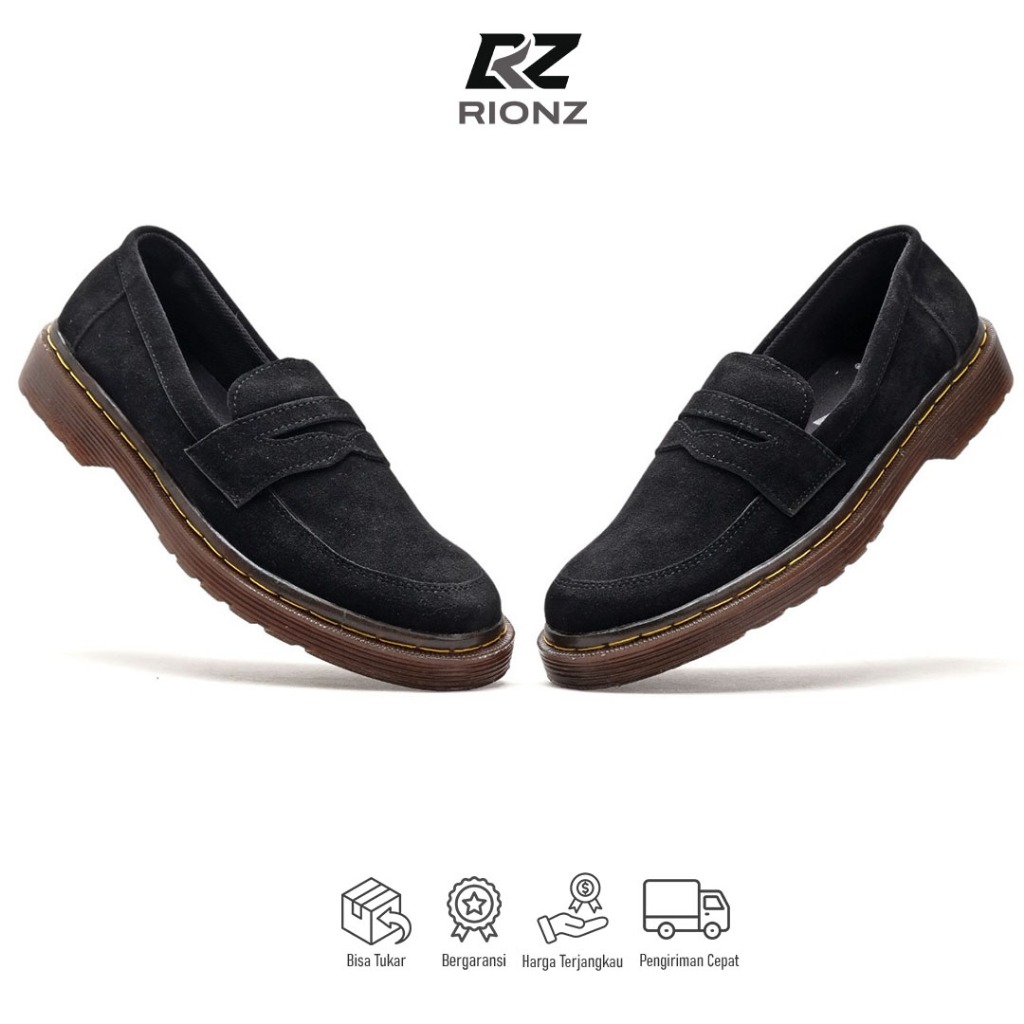 Rionz Xabi Black - Sepatu Pria Loafer Hitam Formal Casual Kantor Kuliah Suede