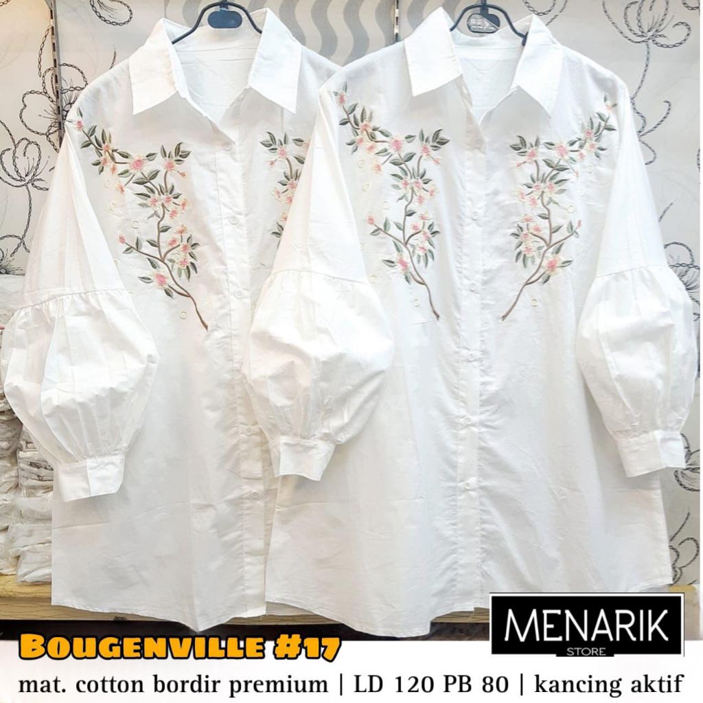 Bougenville Tunik Blouse Kemeja Jumbo Lengan Balon katun putih bordir cantik best seller