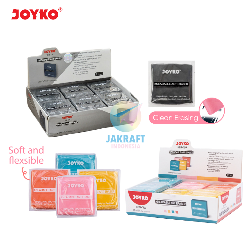 

(18 Pcs) GROSIR Kneadable Art Eraser JOYKO KER-138 Hitam Black / KER-159 Warna Warni Mix Penghapus Kneaded Plastisin Elastis Fleksible Bisa Ditarik Dibentuk | PACK