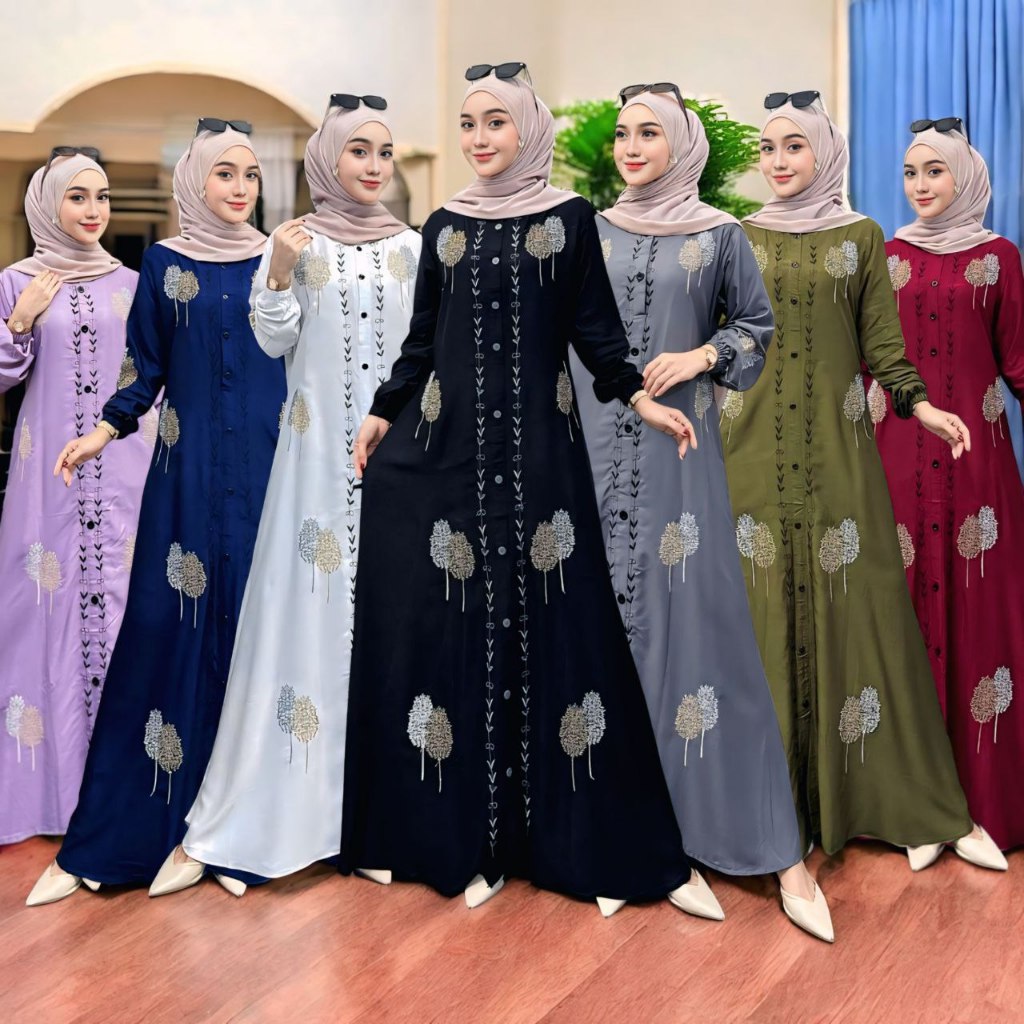 Dolbatik - Maxi Dress Gamis Twil Ori Polos Mix Bordir Bahan Adem Lembut Jatuh