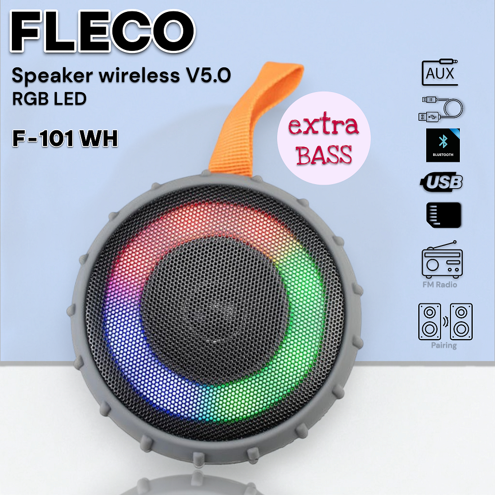 Speaker Fleco F-101 WH | Speaker Bluetooth Extra Bass Lampu LED RGB / Waterproof