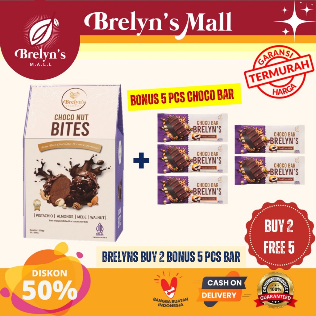 

[BELI 2 BONUS 3 BAR] Brelyn's Chocolate Choco Nut Bites (Kurma, Pistachio, Mede, Almond, dan walnut)