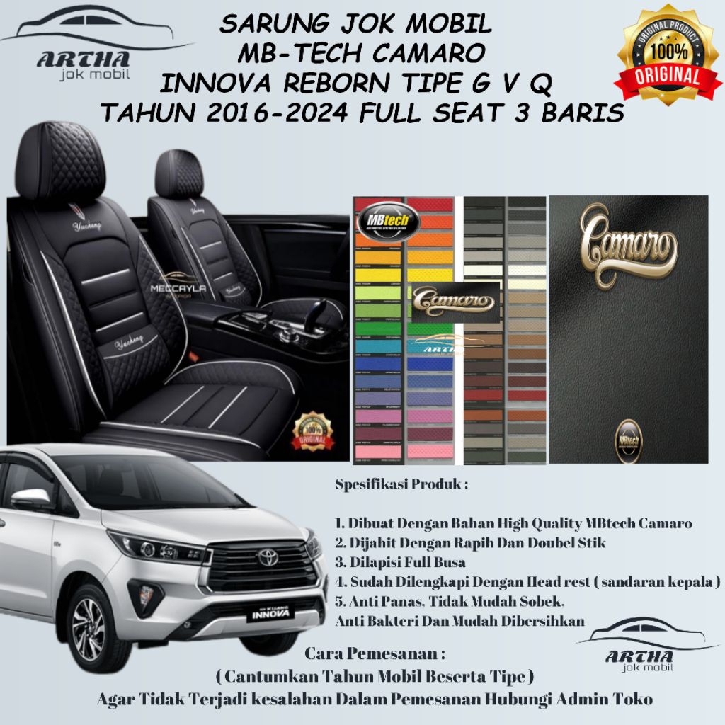 SARUNG JOK MOBIL MB-TECH CAMARO INNOVA REBORN 2016-2024 TIPE G V Q FULL SEAT 3 BARIS