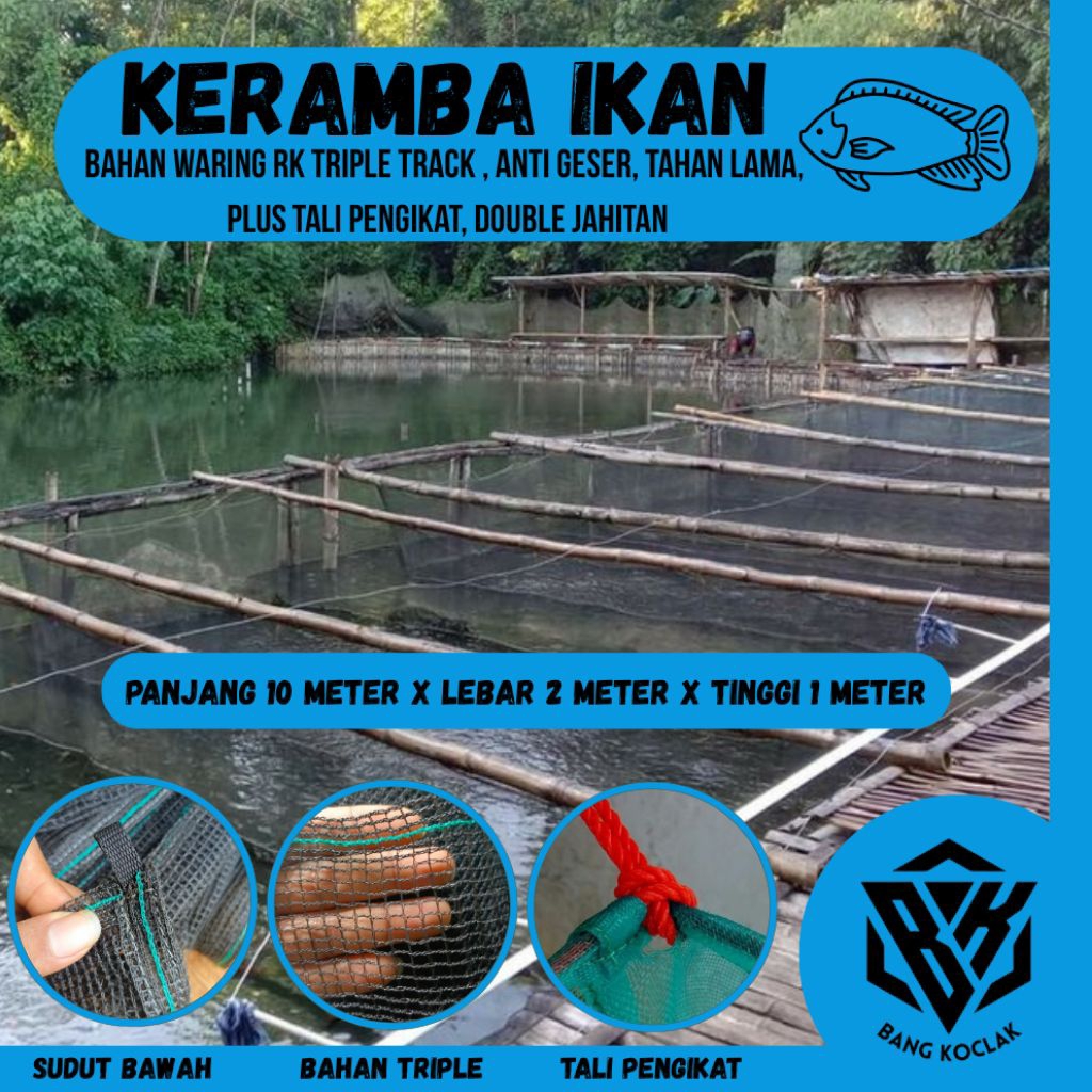 K1021 keramba ikan ukuran panjang 10meter x lebar 2meter x tinggi 1 meter, bahan waring Rk triple hi