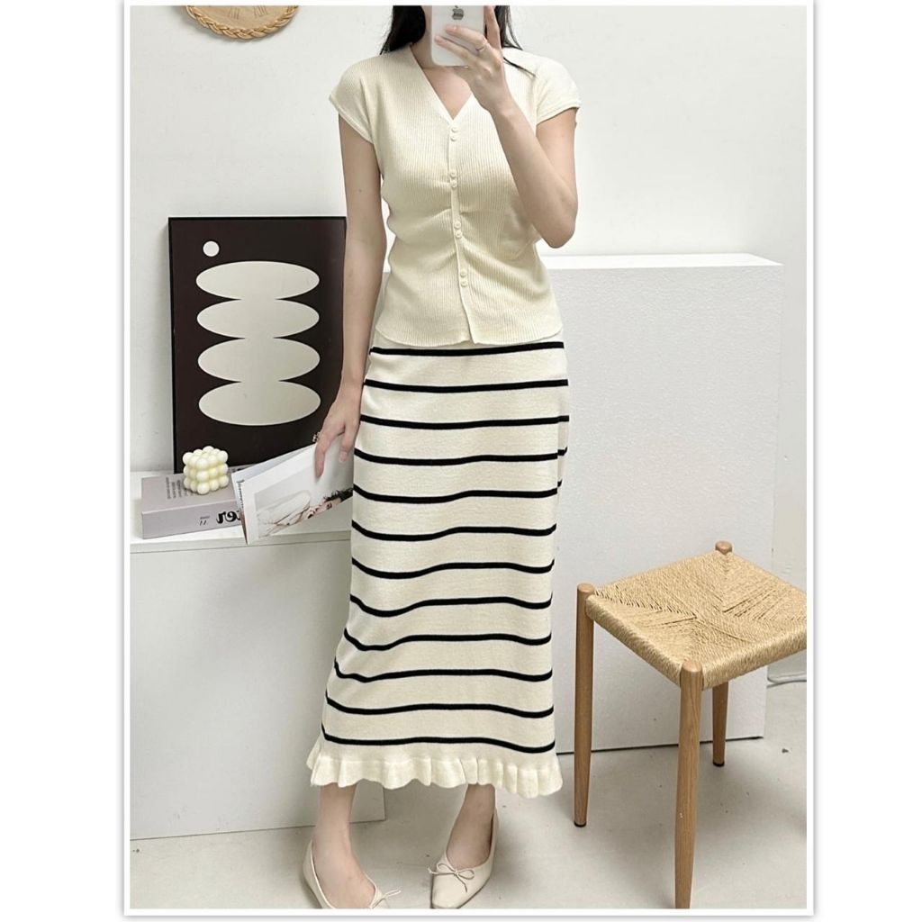 S6180 Kostum wanita korea - sale set knit - set knit baju rok panjang - one set rajut bahu dan rok -
