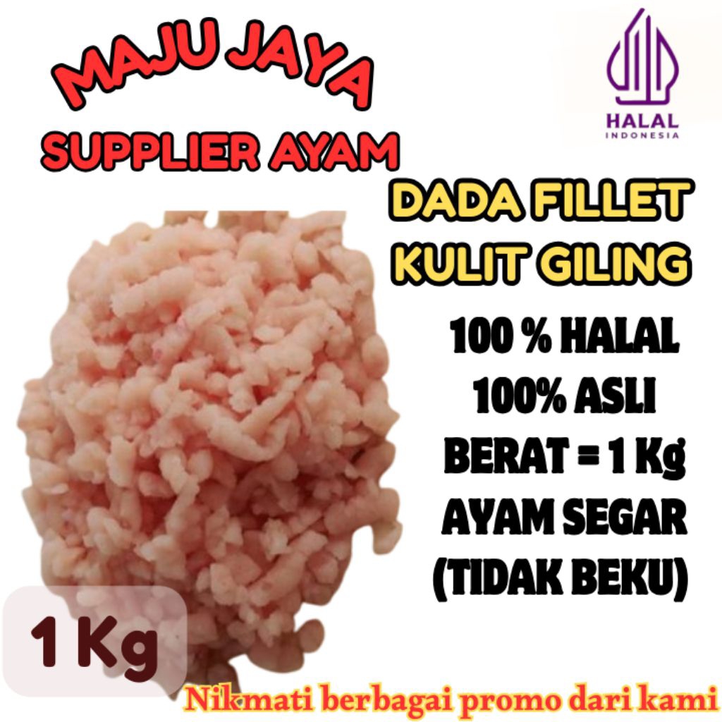 

DADA FILLET DENGAN KULIT GILING 1 Kg (1000gr) KASAR / HALUS / SEGAR / BERSIH / DADA POLOS / DADA BONELESS / DADA FILLET DENGAN KULIT TANPA TULANG /FRESH BERSIH / TIDAK BEKU / HALAL / AMAN DIKONSUMSI
