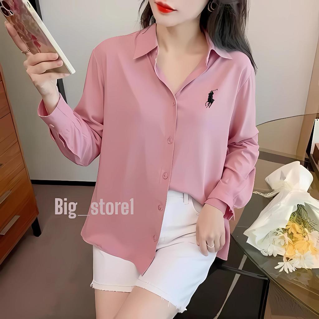 Blouse Wanita Logo Samping Leher V / Atasan Wanita Kemeja Blouse Ruffle Ballon / Blus Wanita Casual 