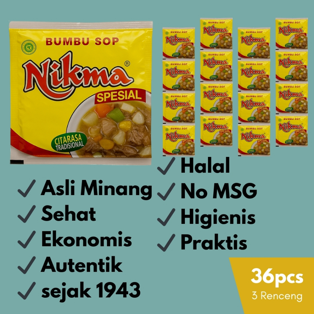 

Bumbu Instan Sop NIKMA 36 Sachet Halal Ekonomis Praktis Tradisional Minang