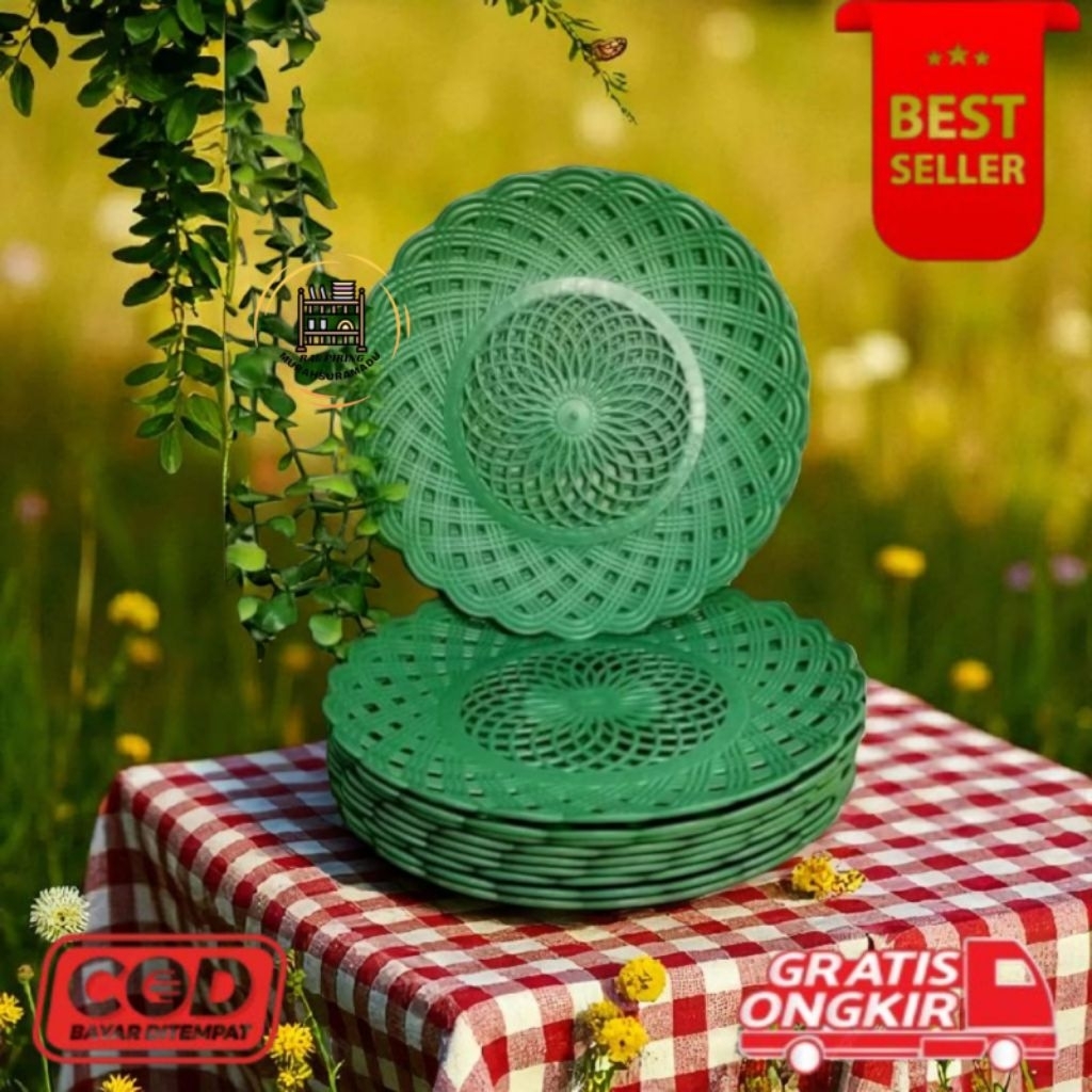 [PRP] 1 lusin piring plastik rotan hijau