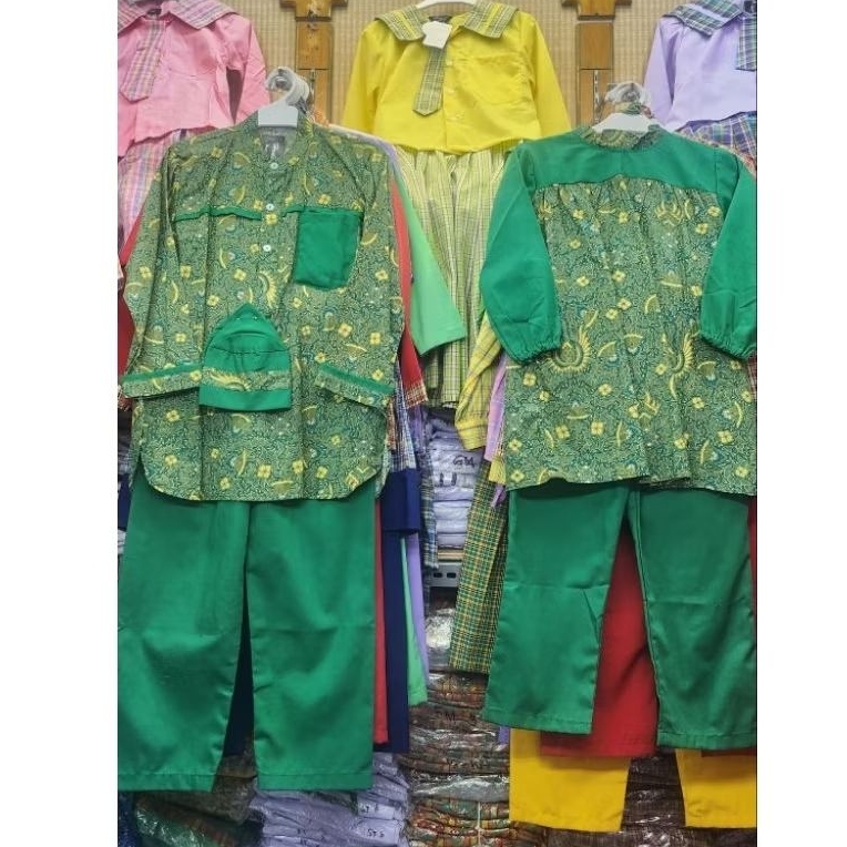 Seragam Muslim Anak TK/Paud Stelan n Koko Batik Hijau Set hijab n peci