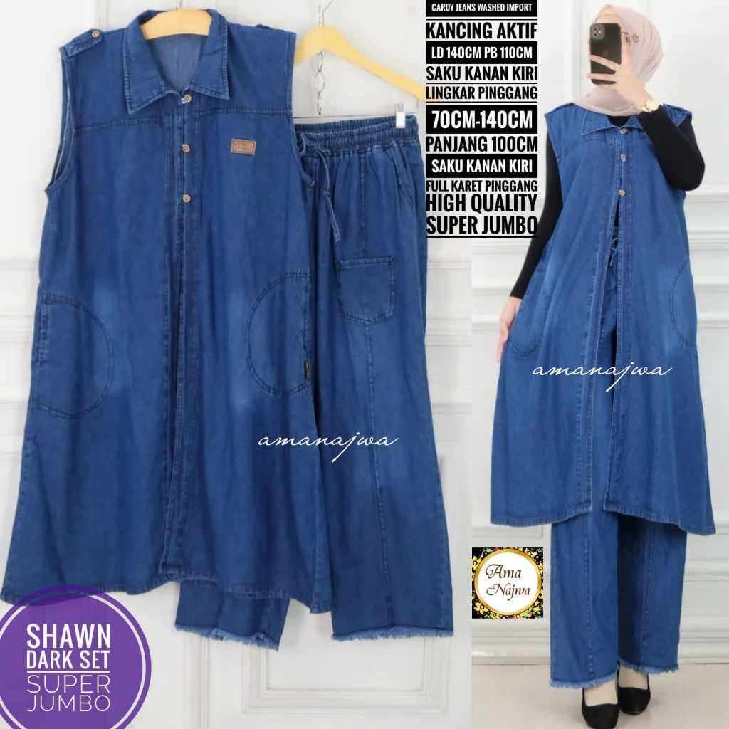 Shawn set setelan cardy celana kulot wanita muslimah jumbo ld 140 jeans washed premium busui terbaru