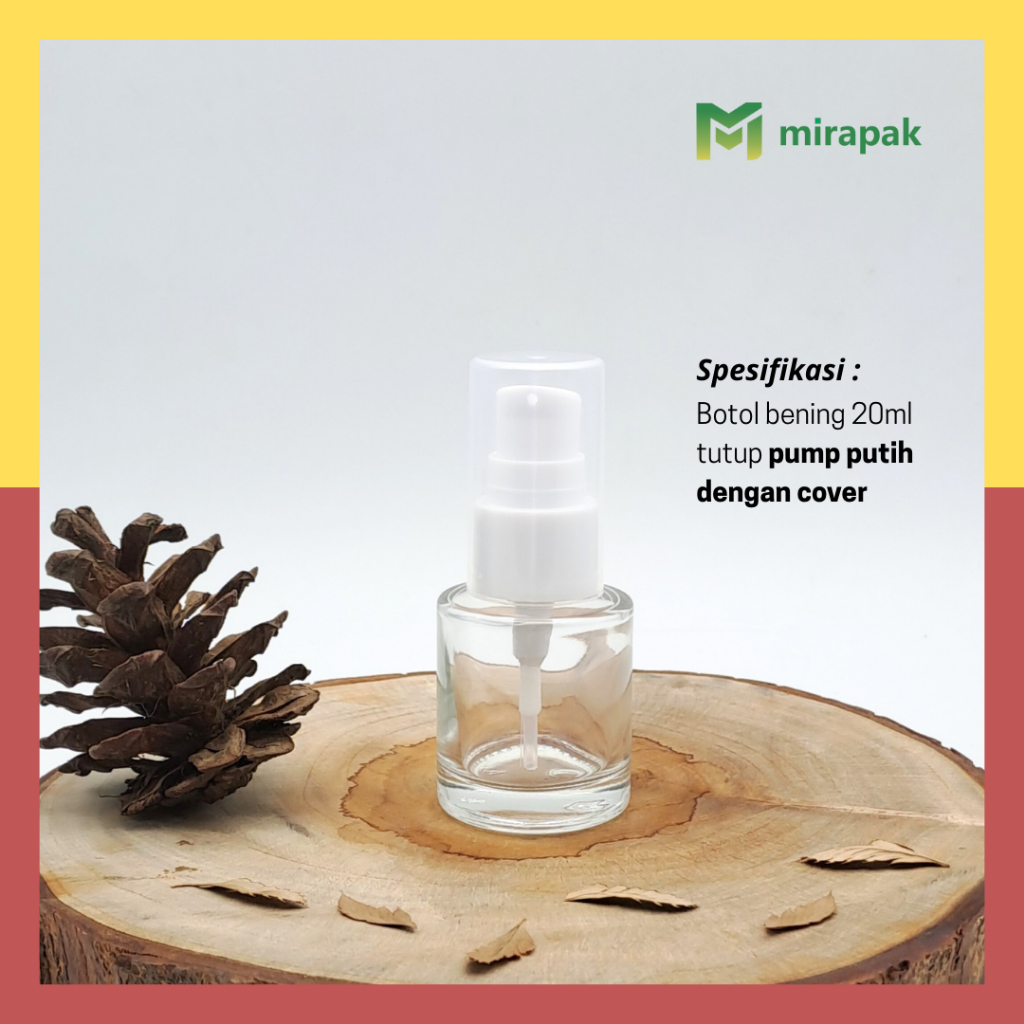 BOTOL PUMP LOTION 20ML BENING CLEAR BAHU DATAR KACA TEBAL - TUTUP PUMP PUTIH FULL COVER BENING - SER