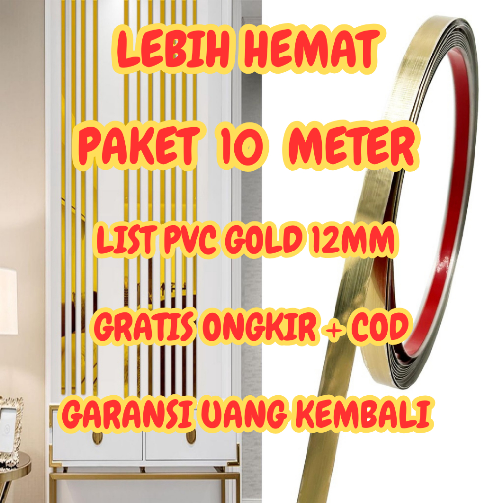 PAKET 10 METER List Plat Gold PVC Lebar 12MM Panjang 10Mtr / List Mirror Moulding Sticker Dinding