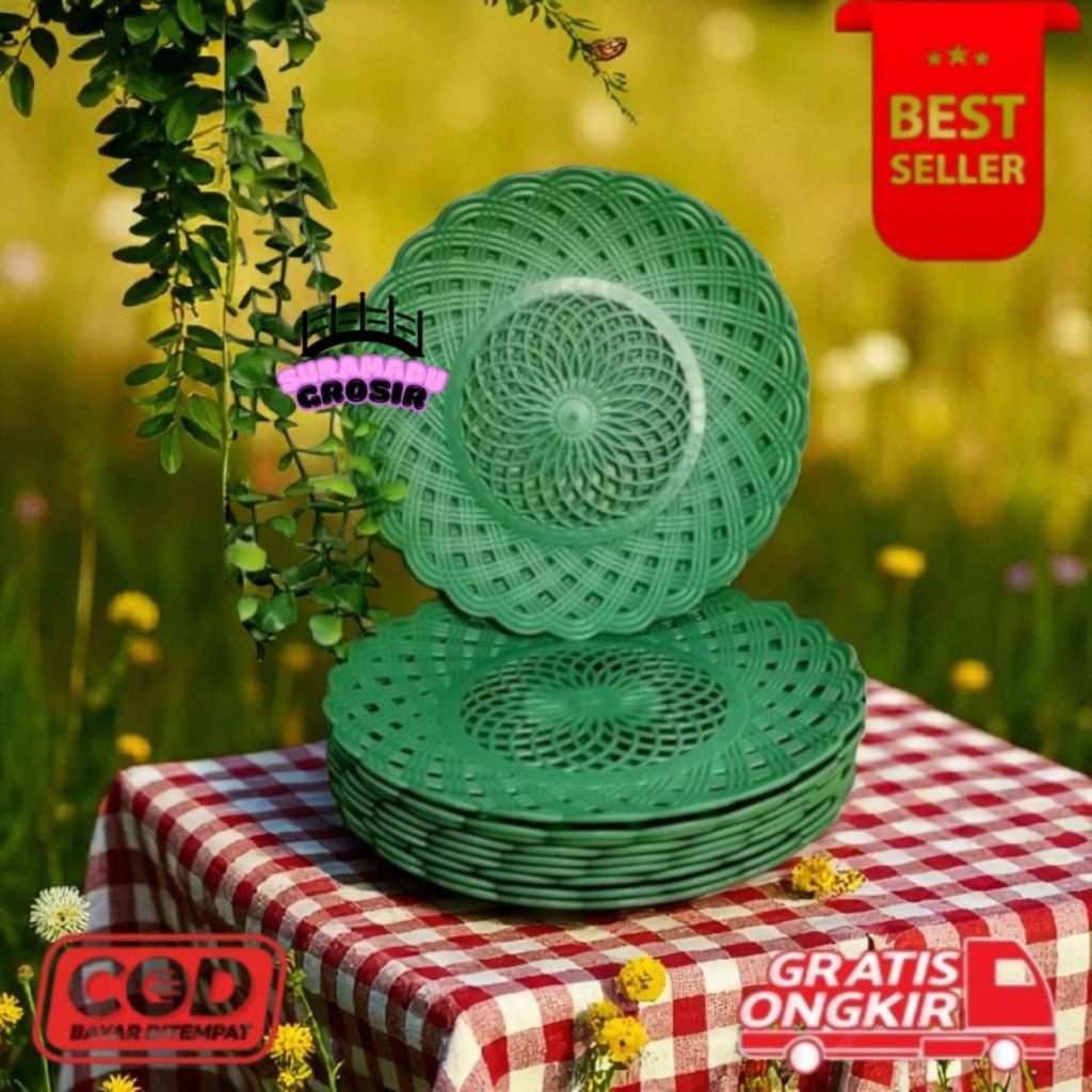 [SG] 1 lusin piring plastik rotan hijau