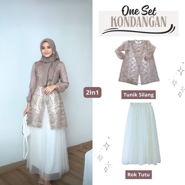 One Set Kondangan Zize Outer Brukat Etnik Organza + Rok Tutu Tile Layer Setelan Tunik Brukat Wanita
