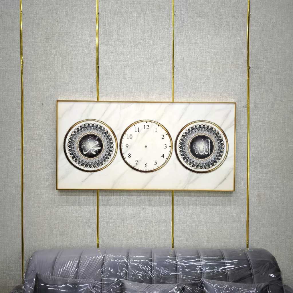 Hiasan Dinding Islami Kaligrafi Allah & Muhammad dengan Jam Dinding Elegan – Porcelain 5D Diamond 60