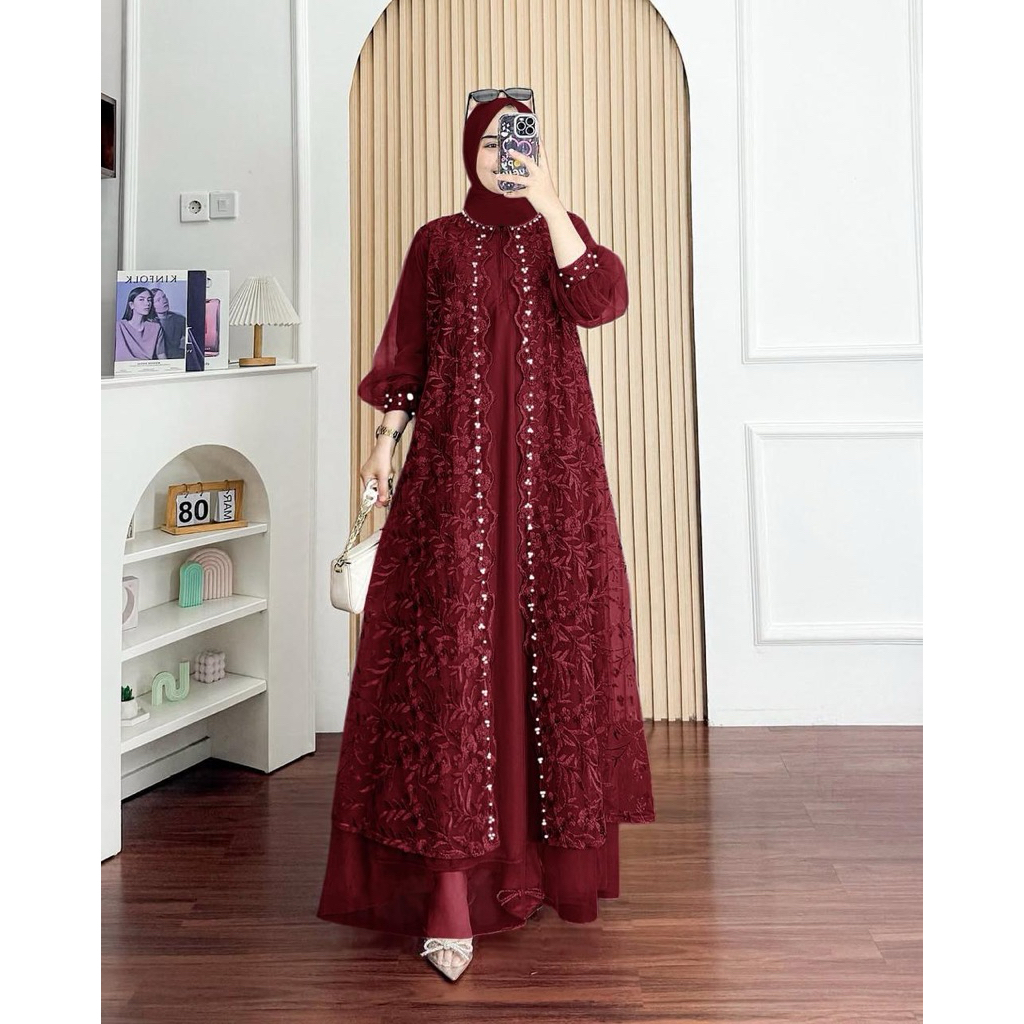 Maxi Lyodra Gamis Pesta Brukat Muslimah M-XXL-MAROON