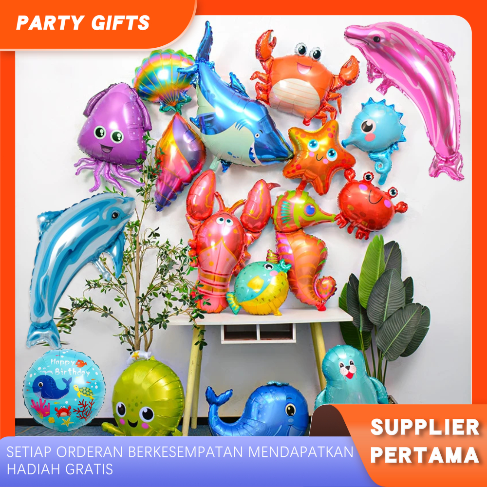 Balon Foil Jumbo Binatang Laut Ikan Gurita Lobster Kuda Laut Hiu Anjing Laut / Bulat Sea Animal / Ba