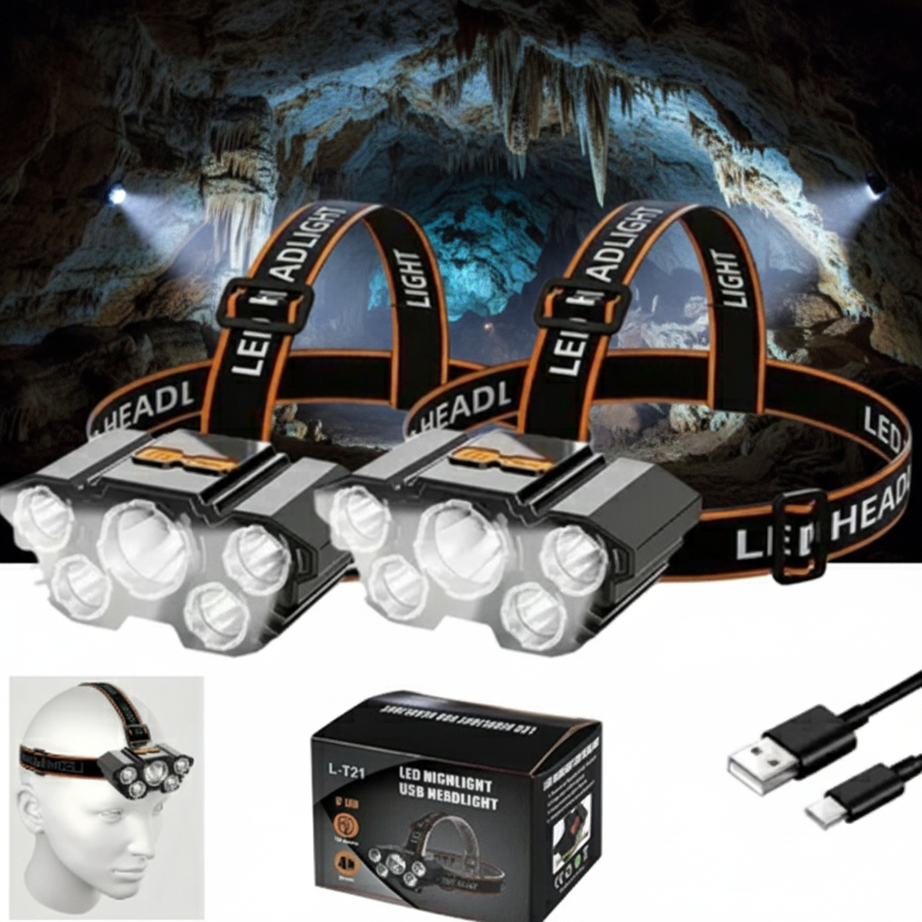 Senter Kepala 40 Watt L-T21 5 Led Rechargerable 4 Mode Cahaya Lampu Senter 50Watt