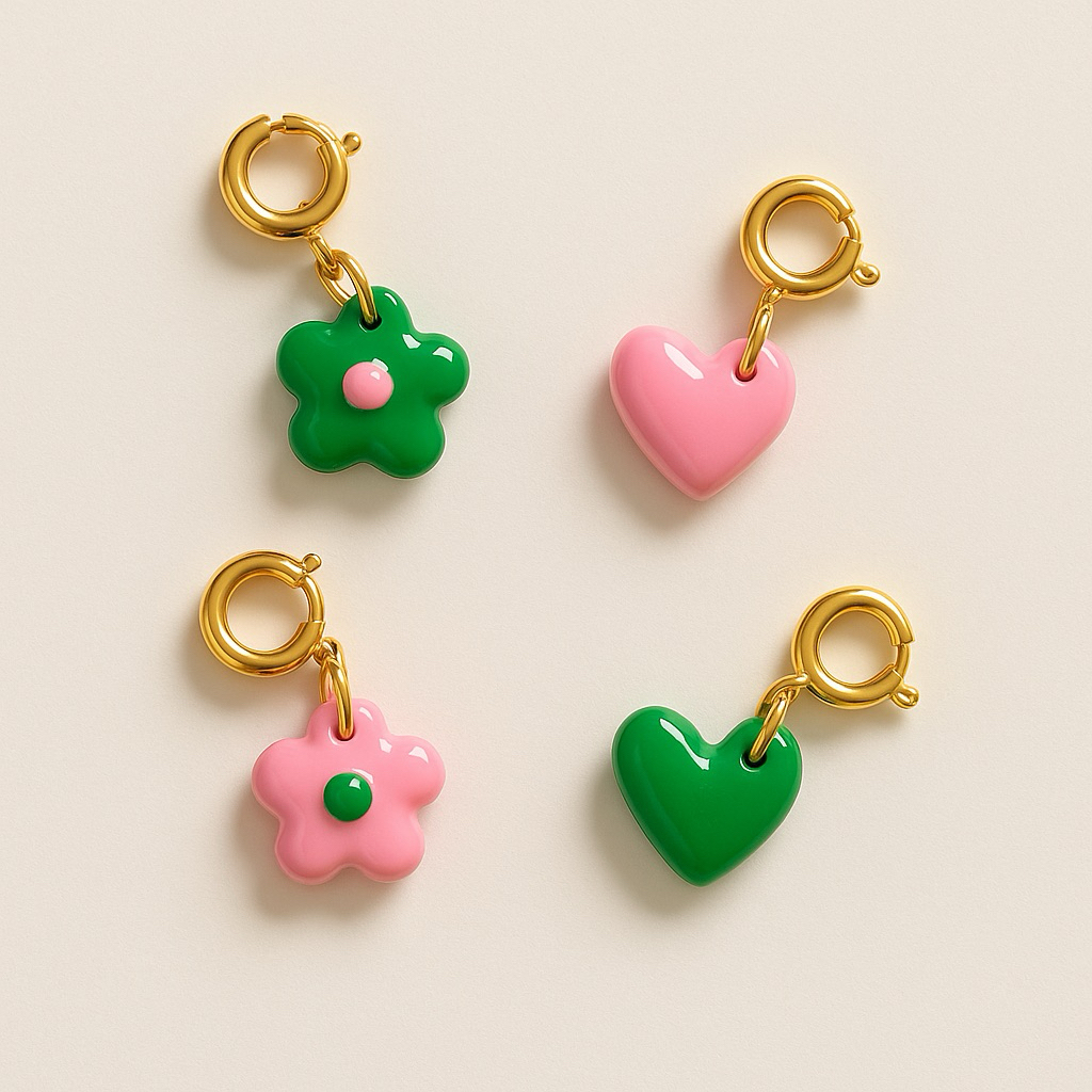 Chera Charms Handmade Brave Pink and Hero Green Flower Heart Clay Charms Gold Silver | Liontin Bandu