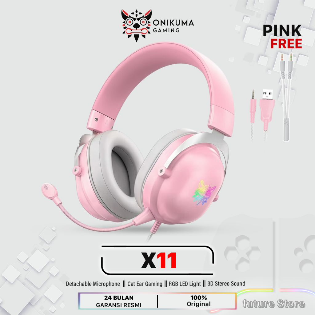 ONIKUMA X11 Headphone Gaming Pink 2025 New Model - Headset Gaming Karakter RGB Mic Jernih Wired Komp