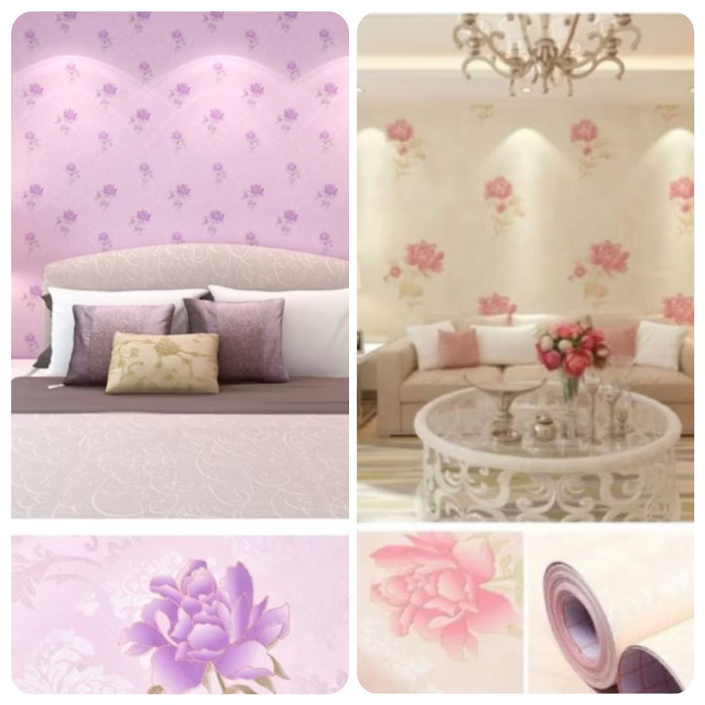 Wallpaper dinding/stiker dinding motif bunga ungu lilac pink