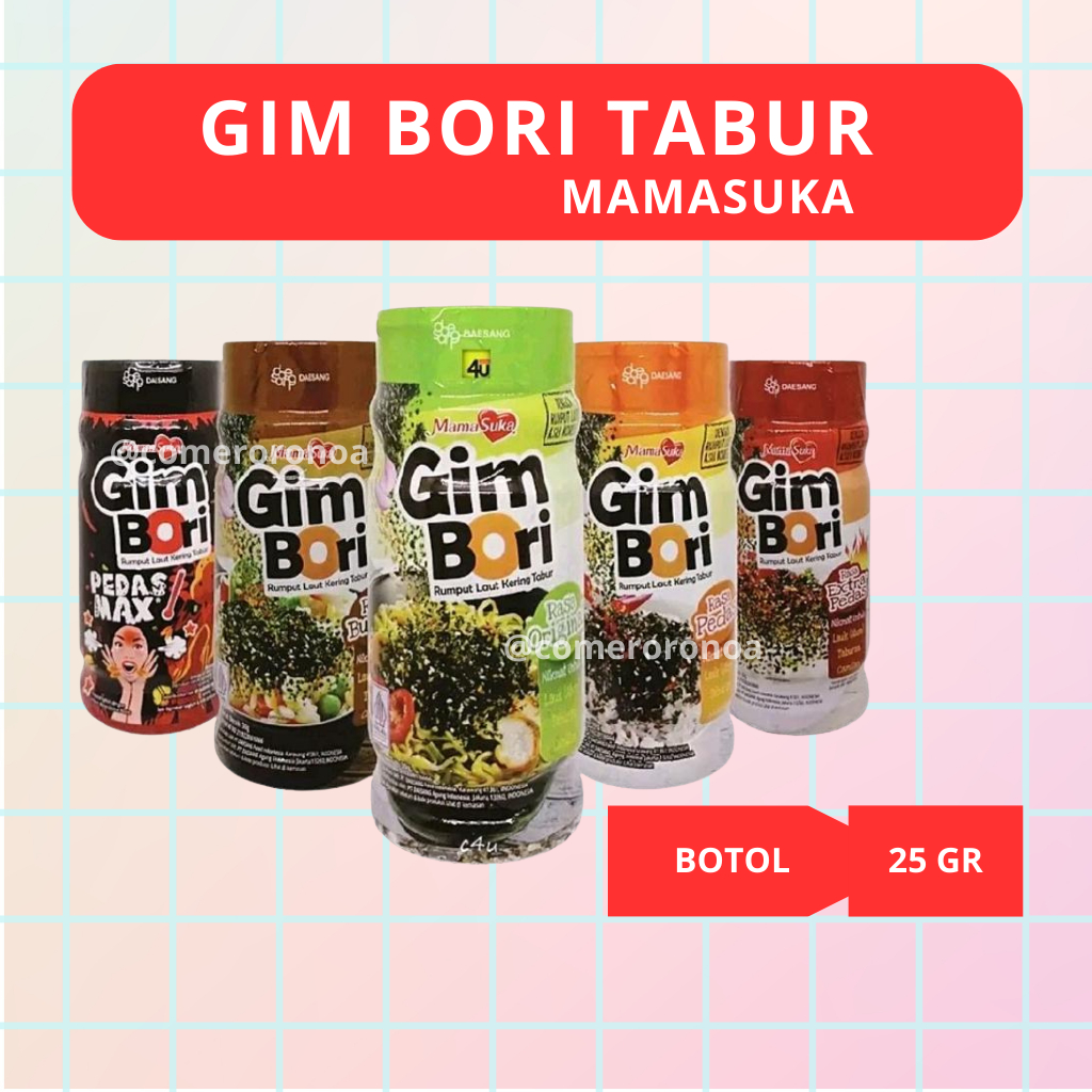 

MamaSuka Gim Bori Tabur Botol 25gr - Nori Topping Original, Pedas, Extra Pedas, Pedas Max, Bulgogi