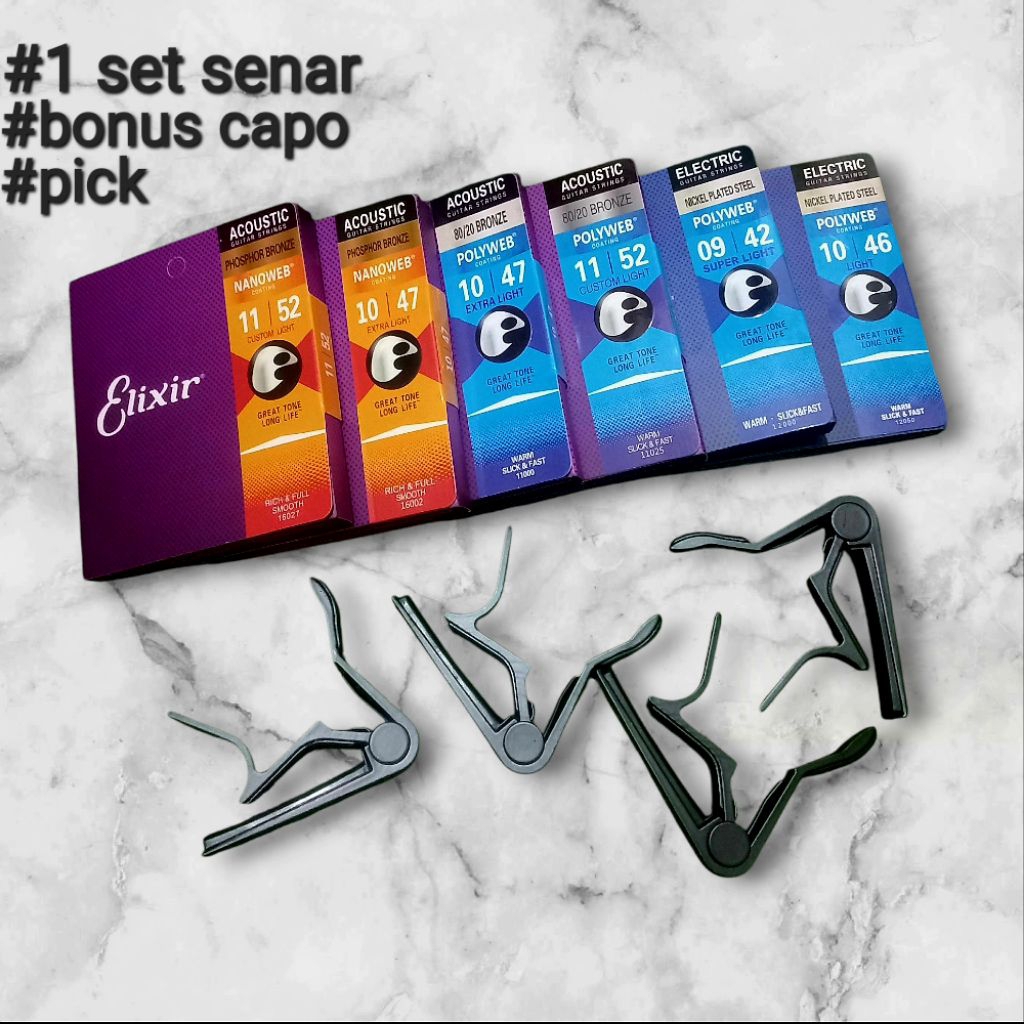 Senar Gitar Akustik/Eletric Elixir 1set +capo+pick  premium quality antikarat