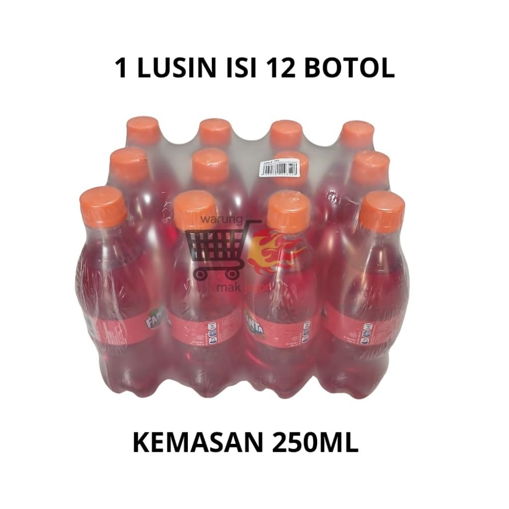 

Fanta merah strawbery kemasan 250ml harga 1 lusin isi 12 botol