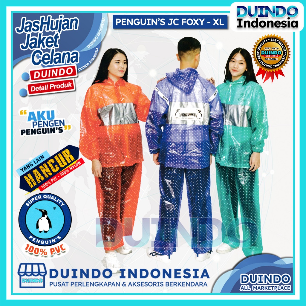 Duindo - Jas Hujan Penguin's Foxy XL Polkadot Jaket Celana Pria Wanita Mantel Penguin