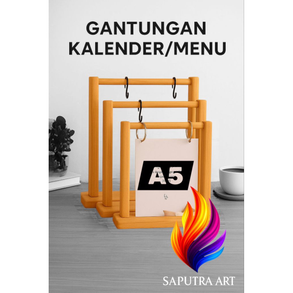 

Stand card ukuran A5 kayu rustic tempat gantungan menu / kalender / hanger nomer