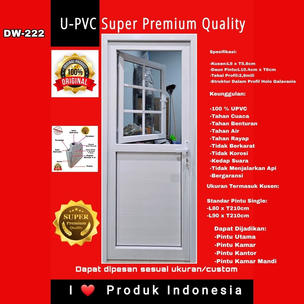 Pintu Utama/Kantor/Garasi-UPVC Super Premium-2 in 1-DW 222-Dutch Door-Koboy-1/2 Kaca-Putih