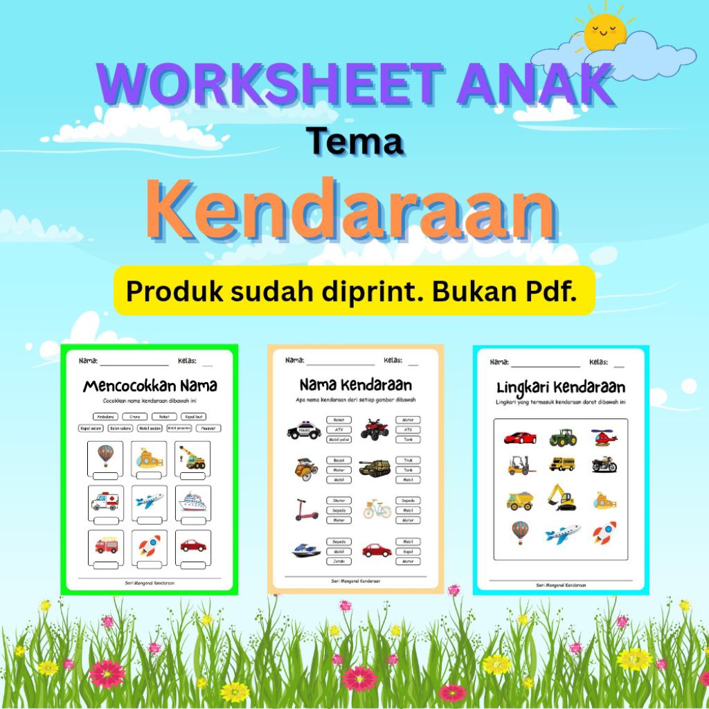 

Worksheet Anak Tema Kendaraan - 35 Lembar Kerja Berwarna untuk Anak PAUD TK SD - Bukan PDF - Kertas Ukuran A5 Tebal 80 Gsm