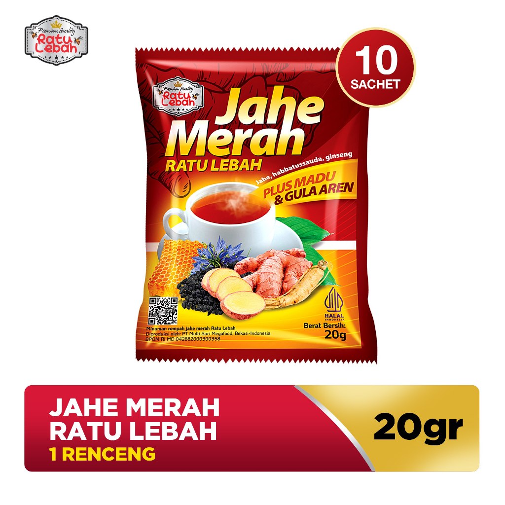 

Jahe Merah Ratu Lebah Plus Madu Gula Aren Habbatussauda dan Ginseng 10 Sachet Per Renceng