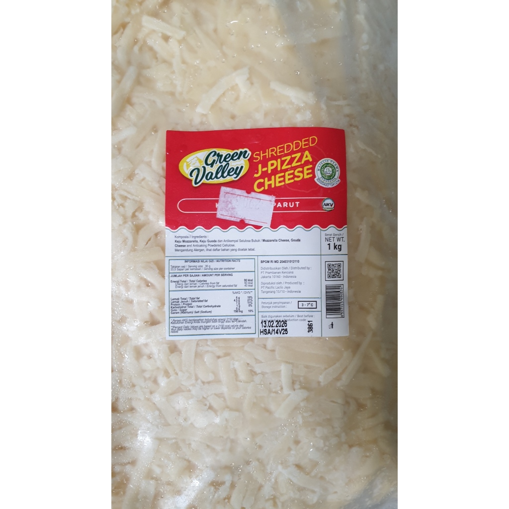 

Keju Mozarella Green Valley Mozzarella Parut Shredded Cheese Extra Stretch kemasan 1Kg Ready Label Biru dan Lebel Merah