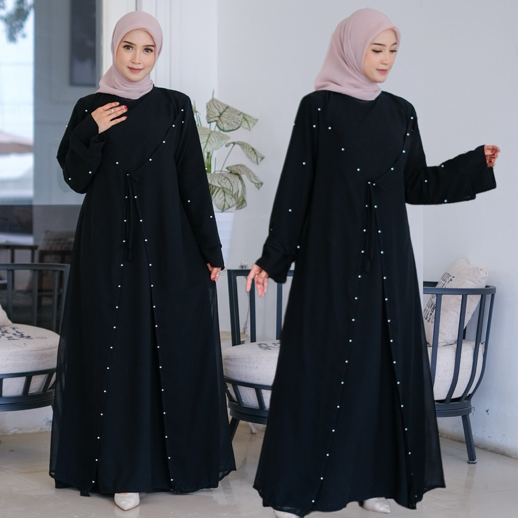 Abaya mutiara sifon jetblack saudi Gamis polos hitam pekat dress syar i cantik remaja basic